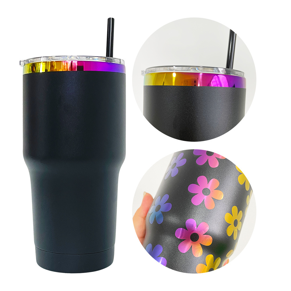 USA warehouse powder coated 30oz holographic rainbow plated car tumbler mugs cups with colored straw 2024 new style