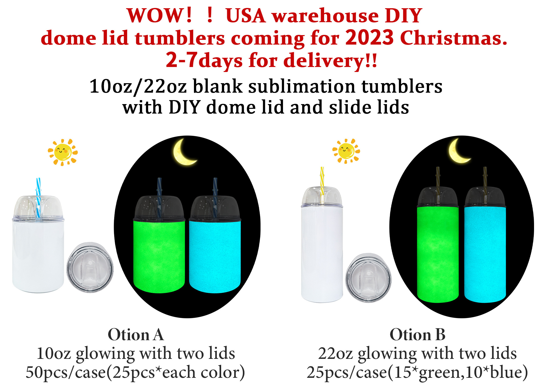 USA warehouse blank sublimation straight tumblers skinny lowball tumbler 10oz 22oz glow in dark snow globe dome lid tumbler