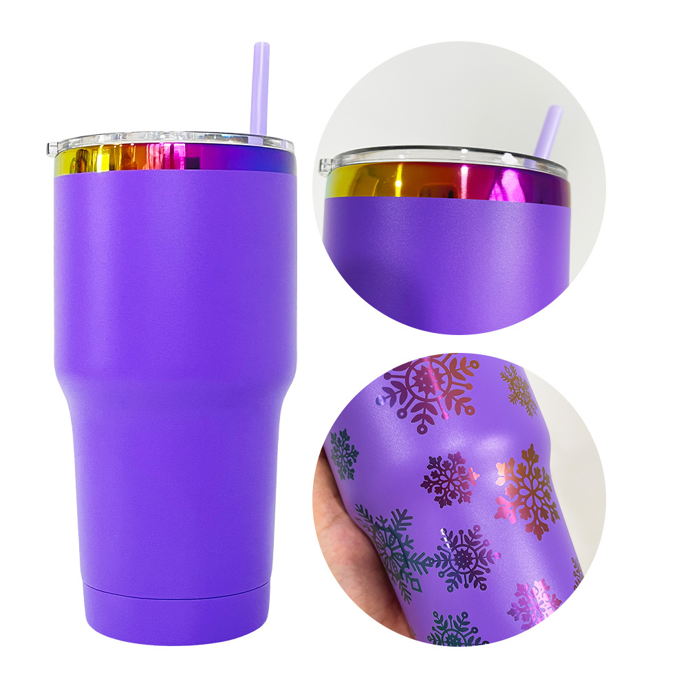 USA warehouse powder coated 30oz holographic rainbow plated car tumbler mugs cups with colored straw 2024 new style