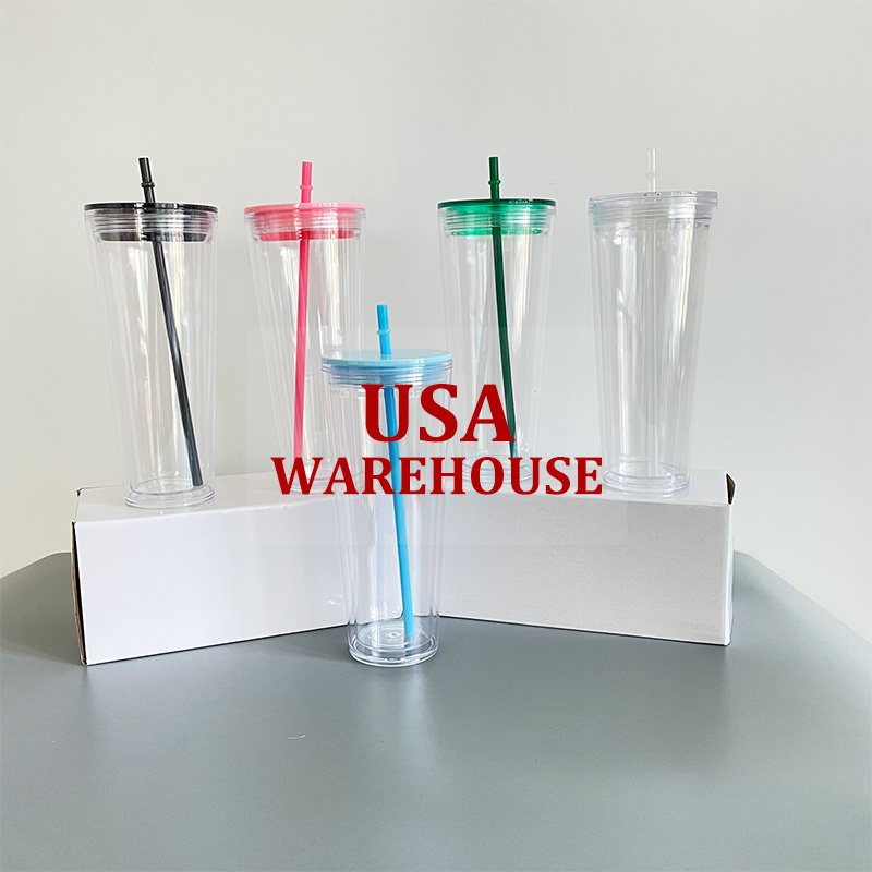 US warehouse free shipping double walled Insulated plastic blank 24oz snow globe tumbler beer glass with Lids and Straws