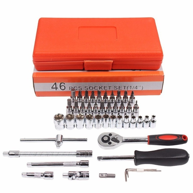 46Pcs Socket Set Auto Repair Tool Box Kit Drive Socket Ratchet Wrench Set Mechanic Tools Kit