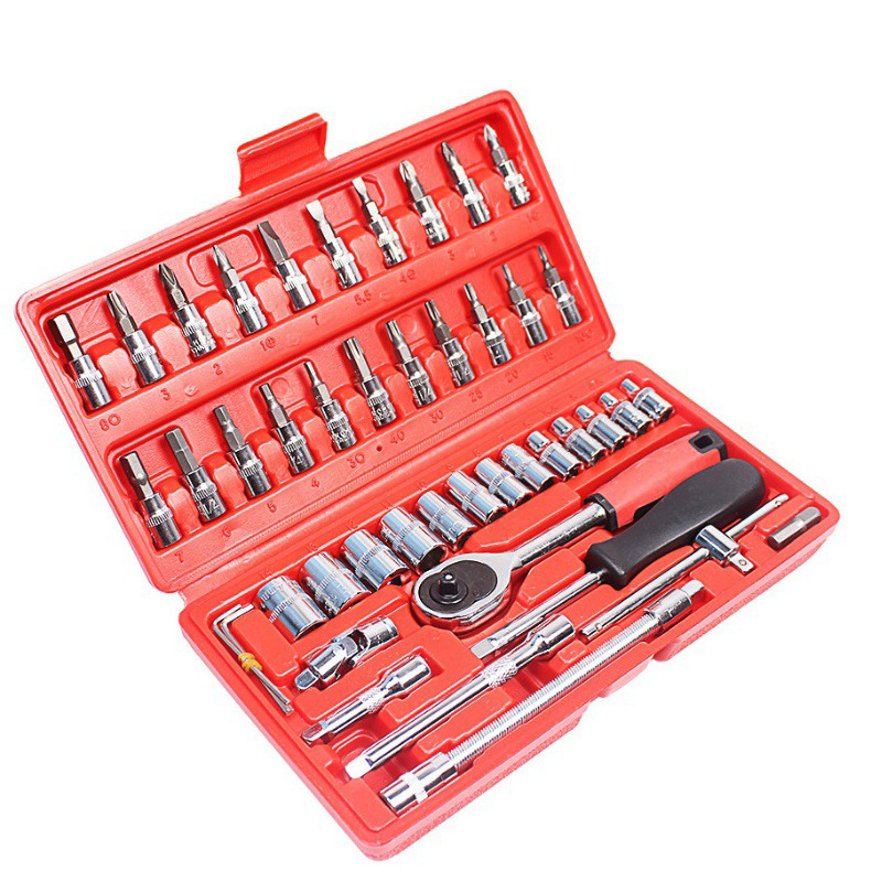 46Pcs Socket Set Auto Repair Tool Box Kit Drive Socket Ratchet Wrench Set Mechanic Tools Kit