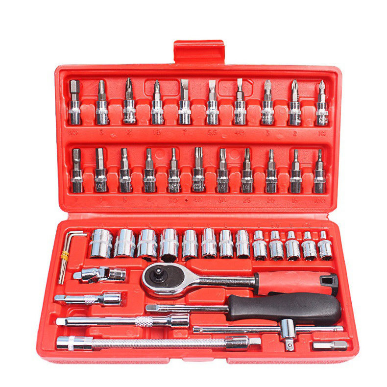 46Pcs Socket Set Auto Repair Tool Box Kit Drive Socket Ratchet Wrench Set Mechanic Tools Kit