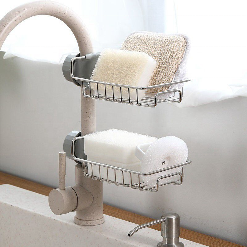 Kitchen Sink Shelf Steerable Bathroom Hanging Basket Sponge Draining Rack Stainless Steel Faucet Storage Rack