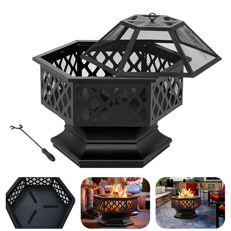 Outdoor garden wood burning corten steel hexagon BBQ fire pit with mesh cover