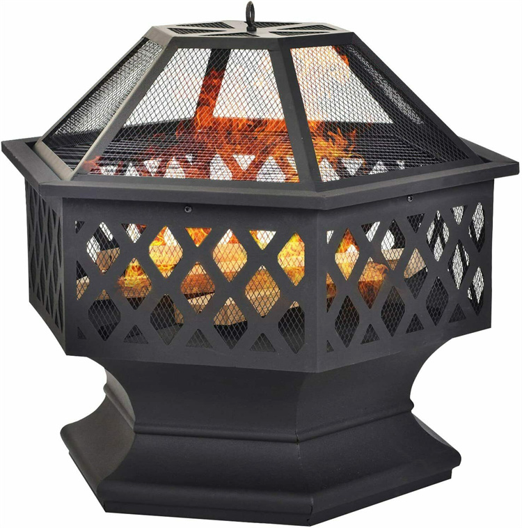 Outdoor garden wood burning corten steel hexagon BBQ fire pit with mesh cover