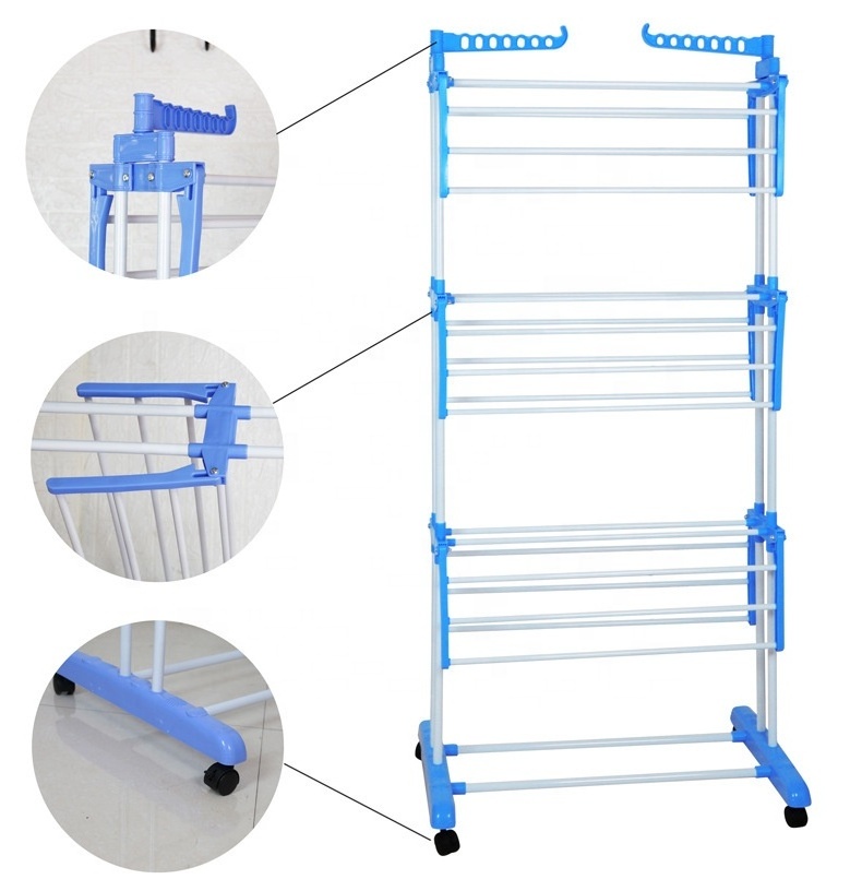 Mobile Multi-Layer Floor Folding Double Rod Three-Layer Clothes Towel Hanging Drying Rack