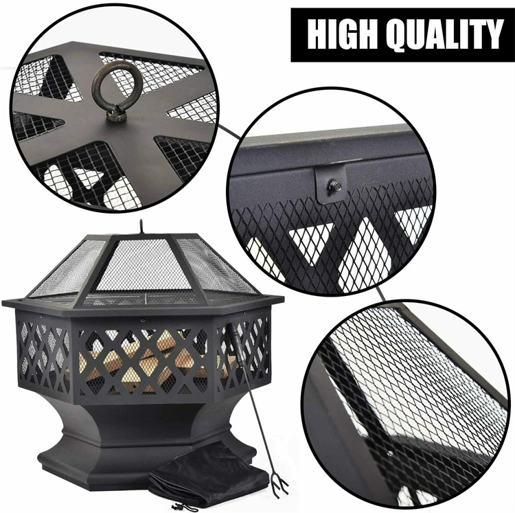 Outdoor garden wood burning corten steel hexagon BBQ fire pit with mesh cover