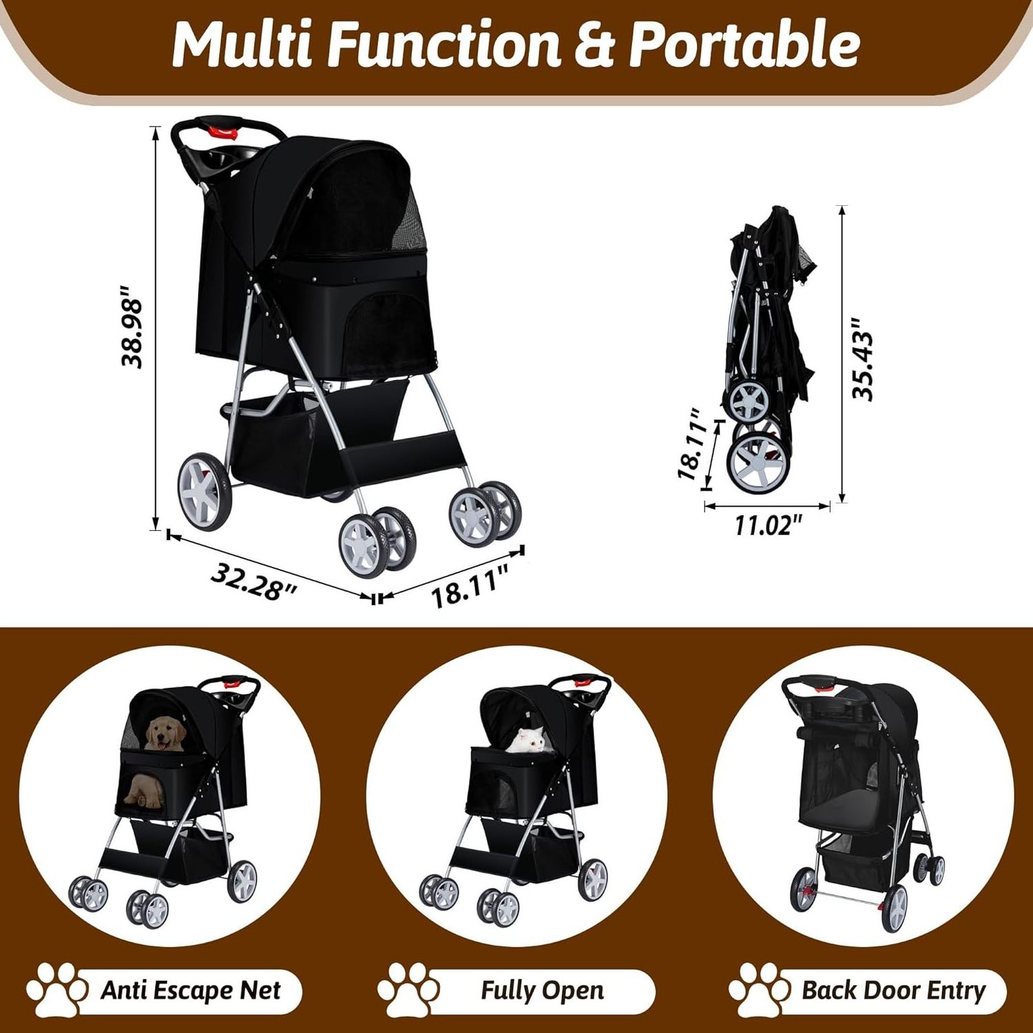 Pet Stroller 4 Wheels Dog Cat Stroller for Medium Small Dogs Cats, Folding Cat Jogger trolley with Storage breathable Basket