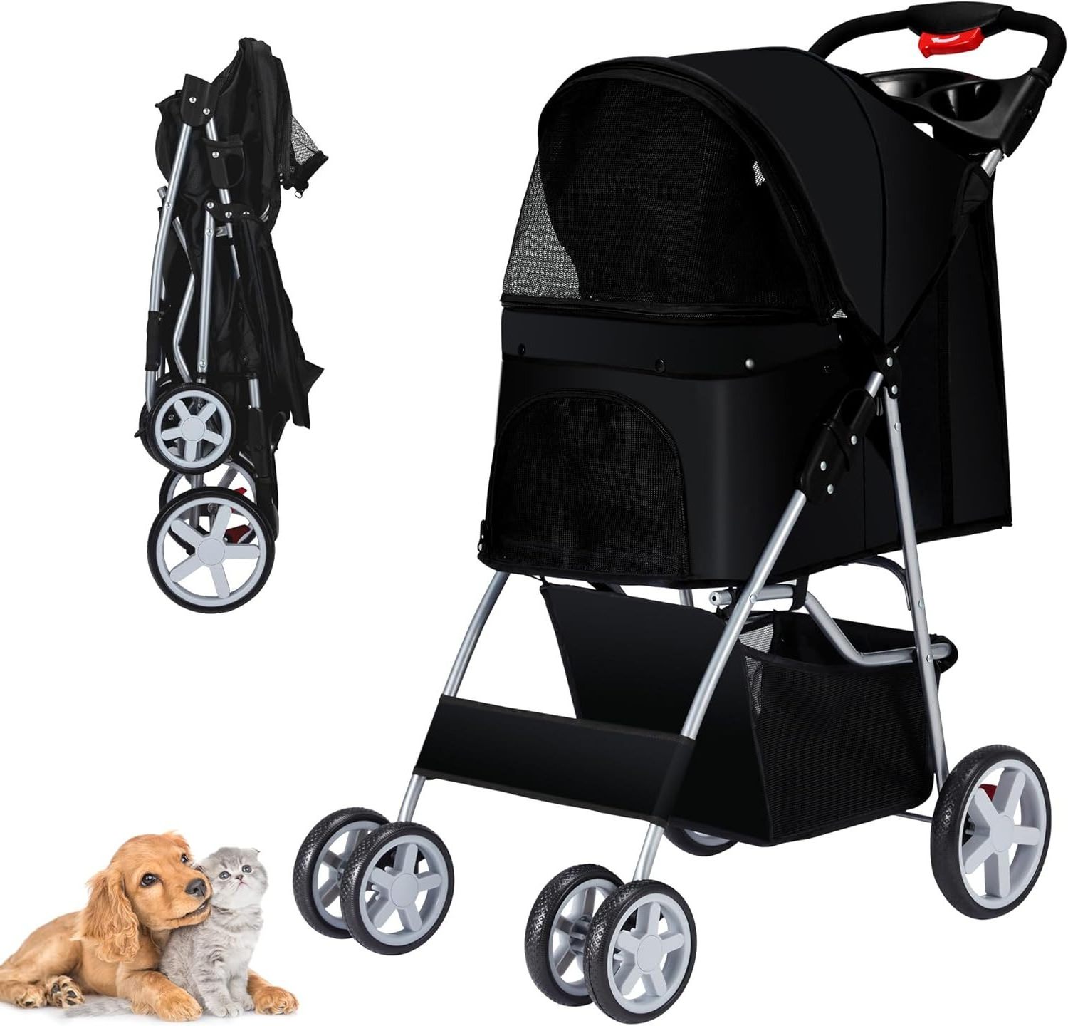 3 in 1 Folding Dog Stroller, Pet Folding Stroller, 4 Wheels Dog/Cat Puppy Stroller w/Removable Travel Carrier for pets