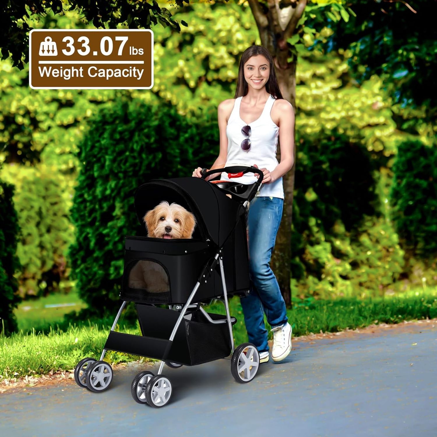 Pet Stroller 4 Wheels Dog Cat Stroller for Medium Small Dogs Cats, Folding Cat Jogger trolley with Storage breathable Basket