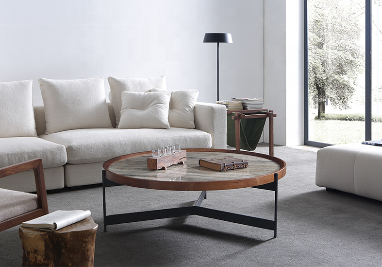 Italian Luxury Design Living Room Furniture Marble Round Solid Wood Coffee Table With Metal Legs