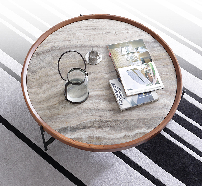 Italian Luxury Design Living Room Furniture Marble Round Solid Wood Coffee Table With Metal Legs