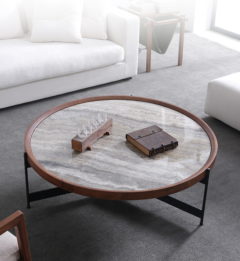 Italian Luxury Design Living Room Furniture Marble Round Solid Wood Coffee Table With Metal Legs