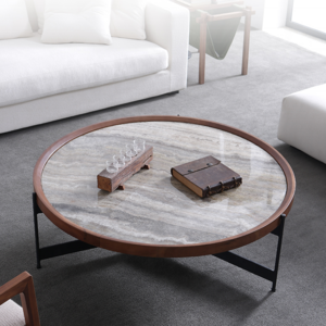 Italian Luxury Design Living Room Furniture Marble Round Solid Wood Coffee Table With Metal Legs