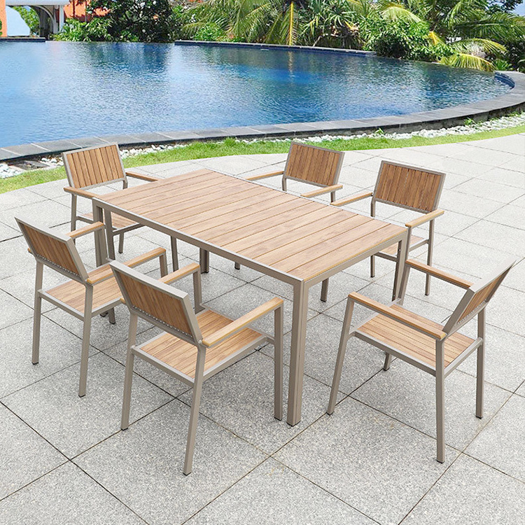 Modern Villa Outdoor Plastic Wood Furniture Aluminum Chair Metal Frame Patio Garden Table and Chairs Set Leisure Hotel Outdoor