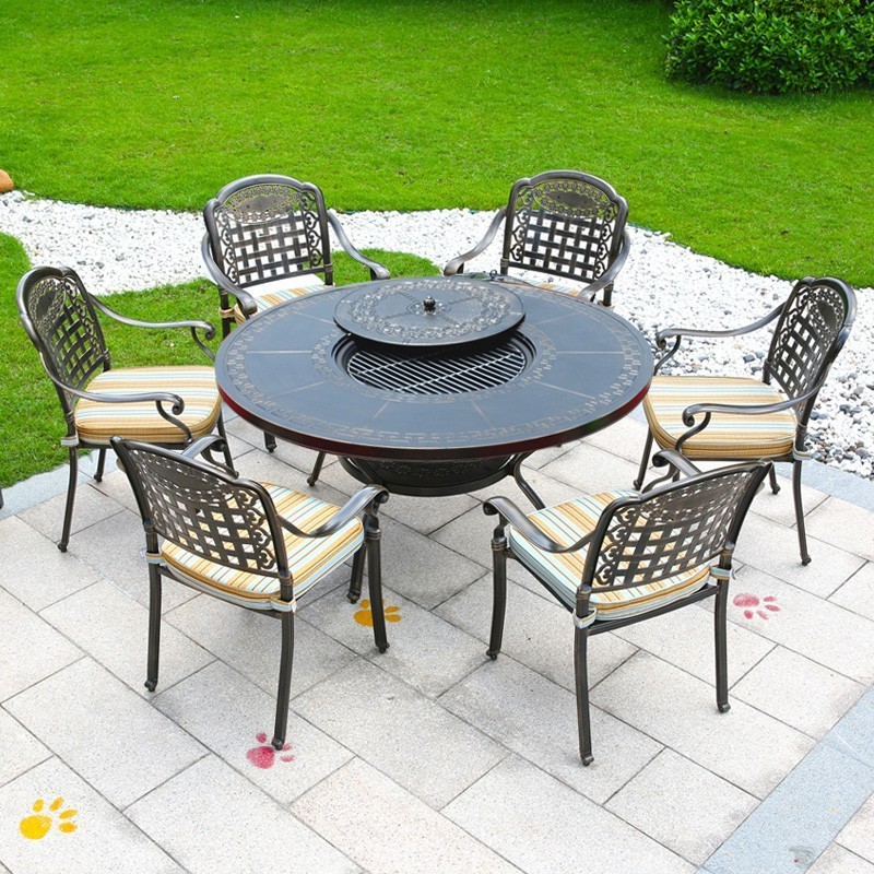 Korean style outdoor barbecue tables and chairs cast aluminum villa garden patio barbecue table metal BBQ grill furniture