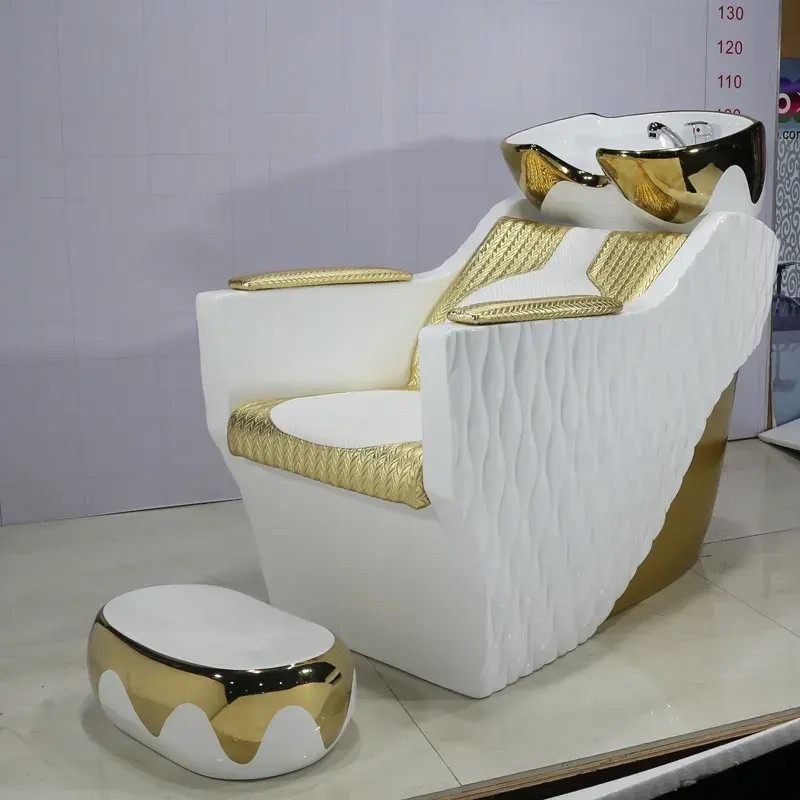 White & gold high quality hot sale shampoo bed sink backwash unit hair washing hairdressing bowl and salon washing chair