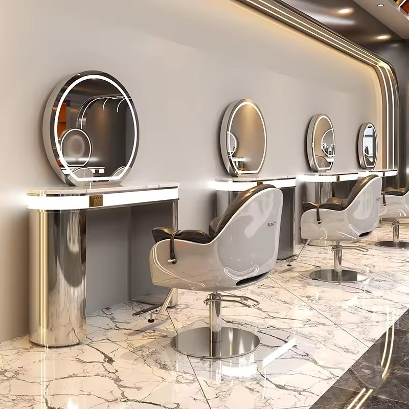 Top Selling Luxury Gold Frame Round Double Sided Mirror Beauty Hair Salon Barber Stations With Led Light