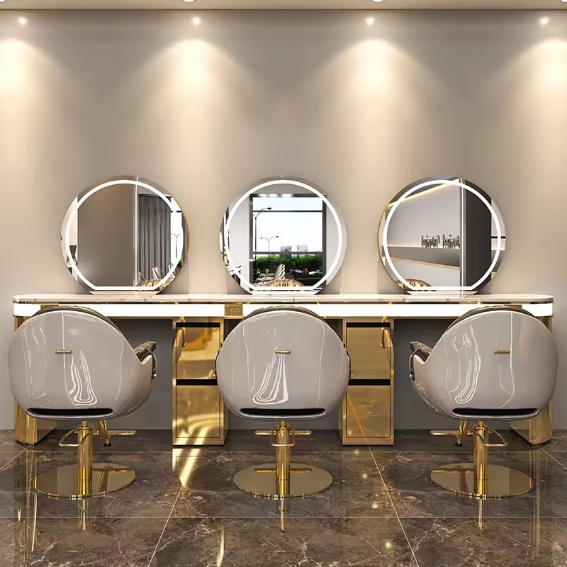 Top Selling Luxury Gold Frame Round Double Sided Mirror Beauty Hair Salon Barber Stations With Led Light