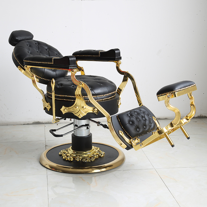 Antique style beauty hair salon furniture black leather styling chair gold base barber chair for sale