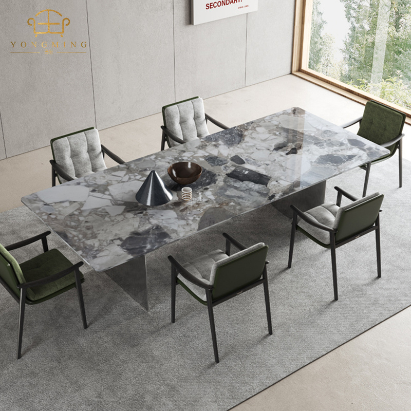 Nordic minimalistic rectangle marble dining table with 6 velvet chairs dining room furniture dinning table set