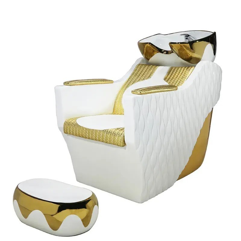 White & gold high quality hot sale shampoo bed sink backwash unit hair washing hairdressing bowl and salon washing chair