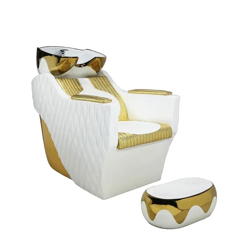 White & gold high quality hot sale shampoo bed sink backwash unit hair washing hairdressing bowl and salon washing chair