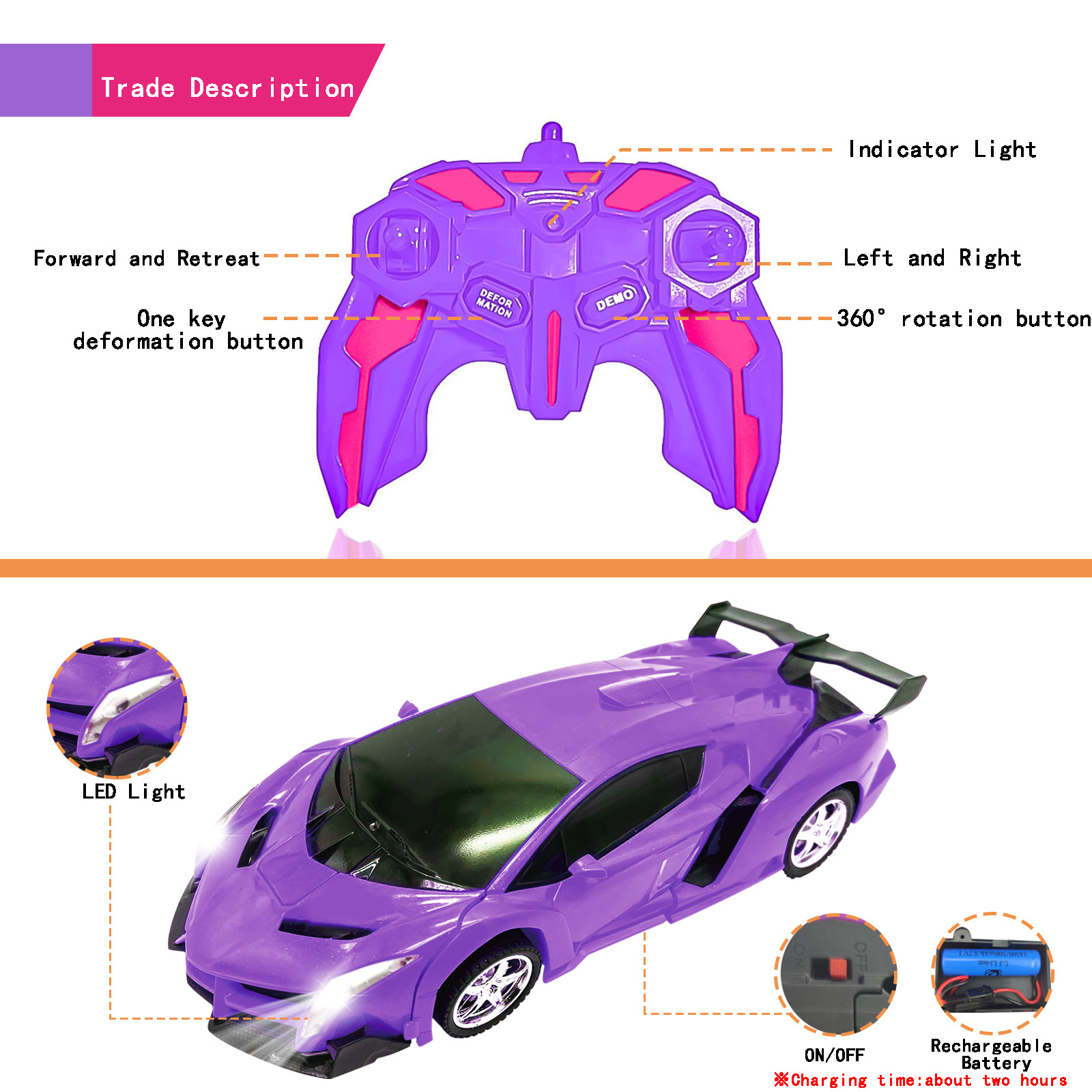 Hot sale Purple Transforming toy deformation robot remote control Robot Car 2 in 1 Induction Vehicle 360 degree