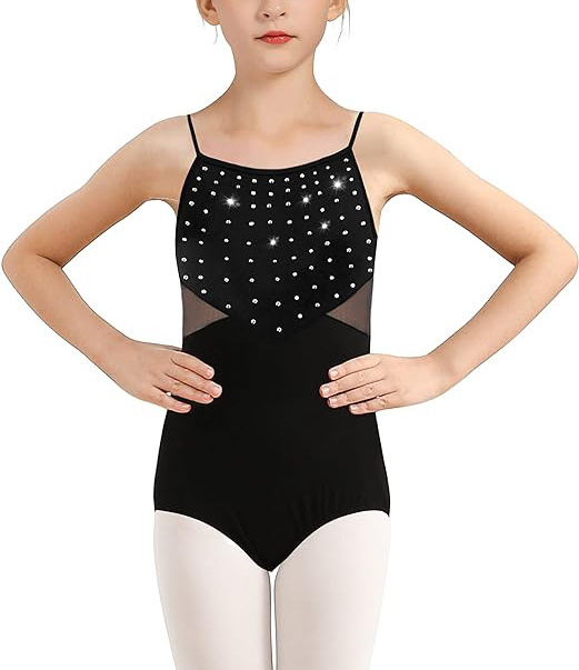 New Waist Mesh Design Ballet Dance Rhinestone Bearing Camisole Leotard for Girls