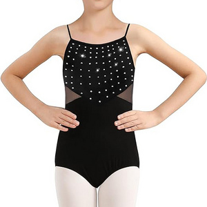 New Waist Mesh Design Ballet Dance Rhinestone Bearing Camisole Leotard for Girls