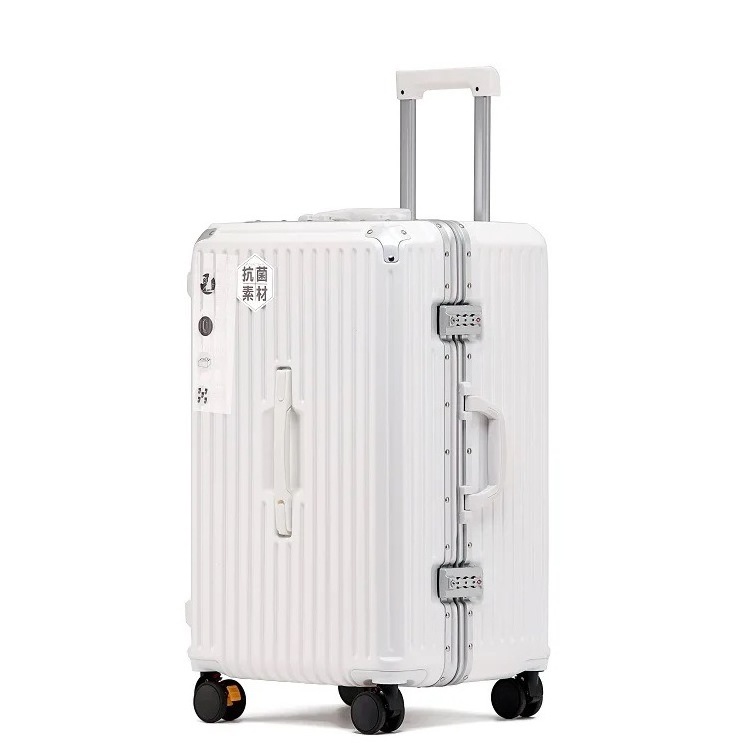 White color luxury aluminum frame trunk style large capacity luggage with cup holder travel suitcase