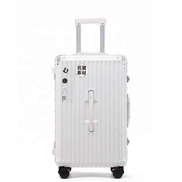 White color luxury aluminum frame trunk style large capacity luggage with cup holder travel suitcase