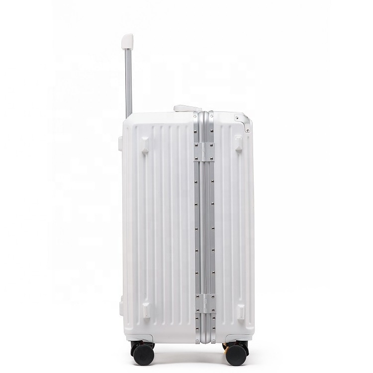 White color luxury aluminum frame trunk style large capacity luggage with cup holder travel suitcase