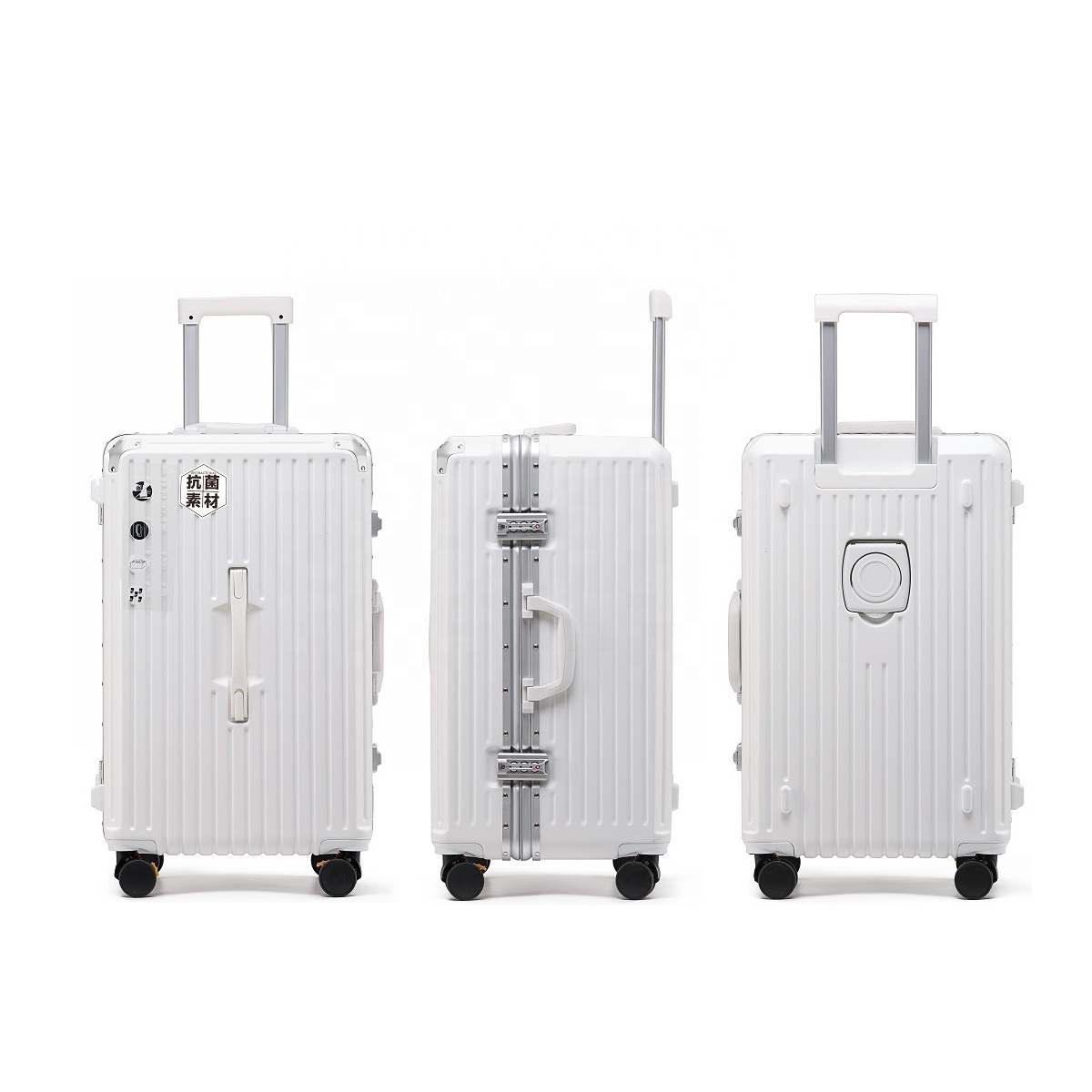 White color luxury aluminum frame trunk style large capacity luggage with cup holder travel suitcase