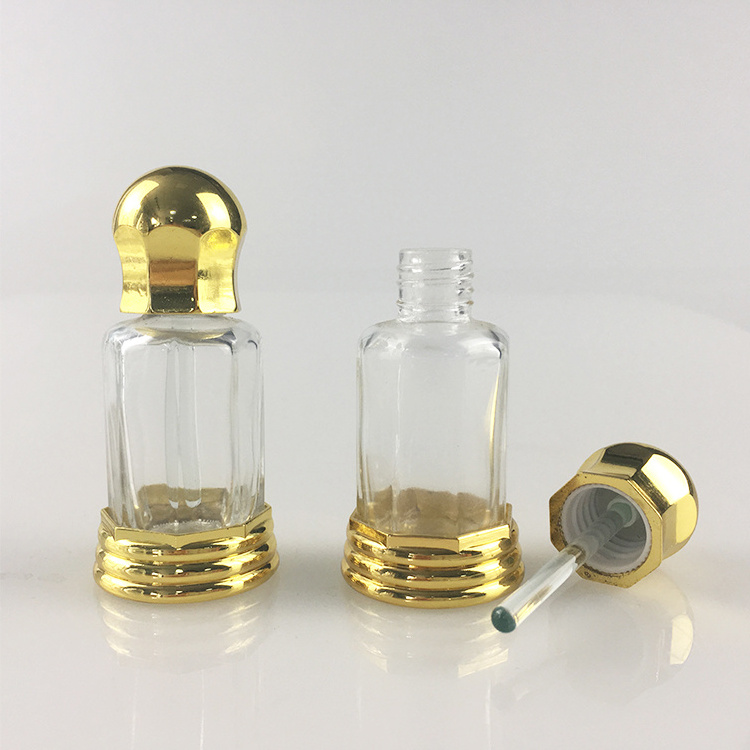 Wholesale 3ml 6ml 10ml 12ml octagonal shape attar perfume oil bottle with glass stick alloy lid