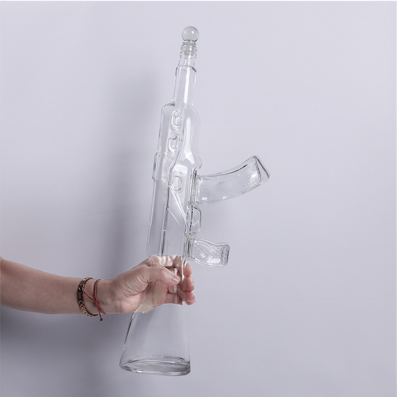 clear ak 47 gun shaped glass wine bottle for whiskey with cork lid