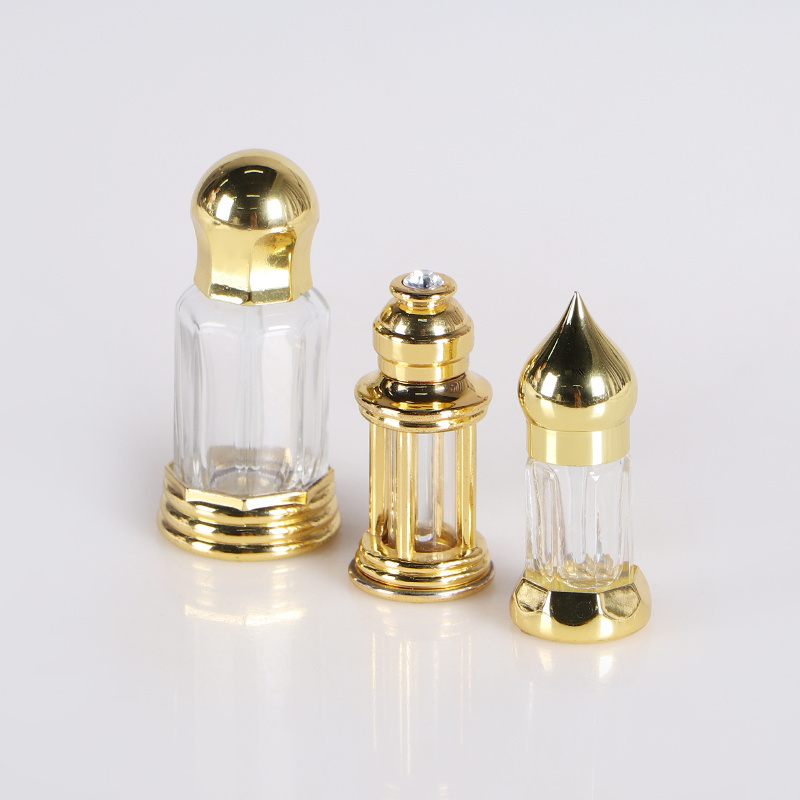 Wholesale 3ml 6ml 10ml 12ml octagonal shape attar perfume oil bottle with glass stick alloy lid