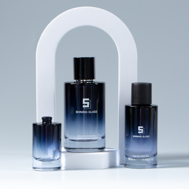 30 ml 50 ml 100 ml gradient dark blue color perfume glass bottle for men with black lid