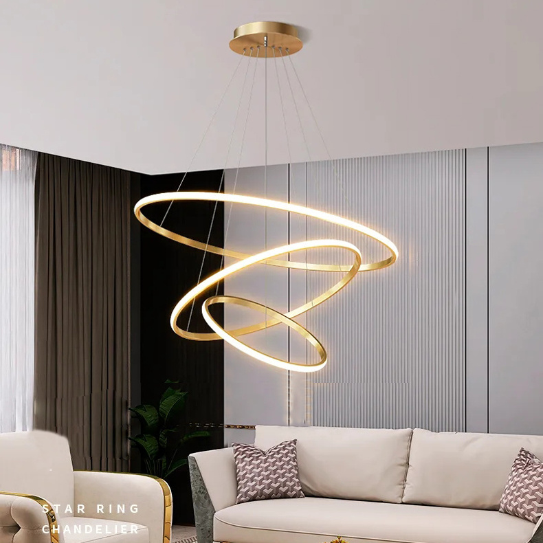 Fancy Lights For Home Modern Living Room Circle Hanging Pendant Light New Design 3 Ring Acrylic Gold Luxury Round Led Chandelier