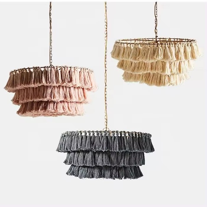 Modern 60cm 3 Tier Tassel Chandelier Fringe Pendant Lights Boho Macrame Lamp Shade Hanging Lamp Hand Weaving Rope Ceiling Light