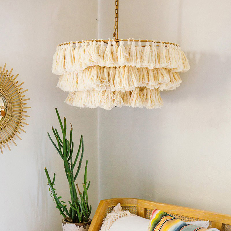 Modern 60cm 3 Tier Tassel Chandelier Fringe Pendant Lights Boho Macrame Lamp Shade Hanging Lamp Hand Weaving Rope Ceiling Light