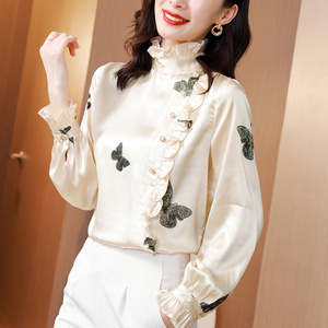 Chiffon Ruffle Flare Long Sleeve Print Loose Shirt Office Lady Casual Wear  Fashion Basic Tops Blouses Elegant Women Clothing