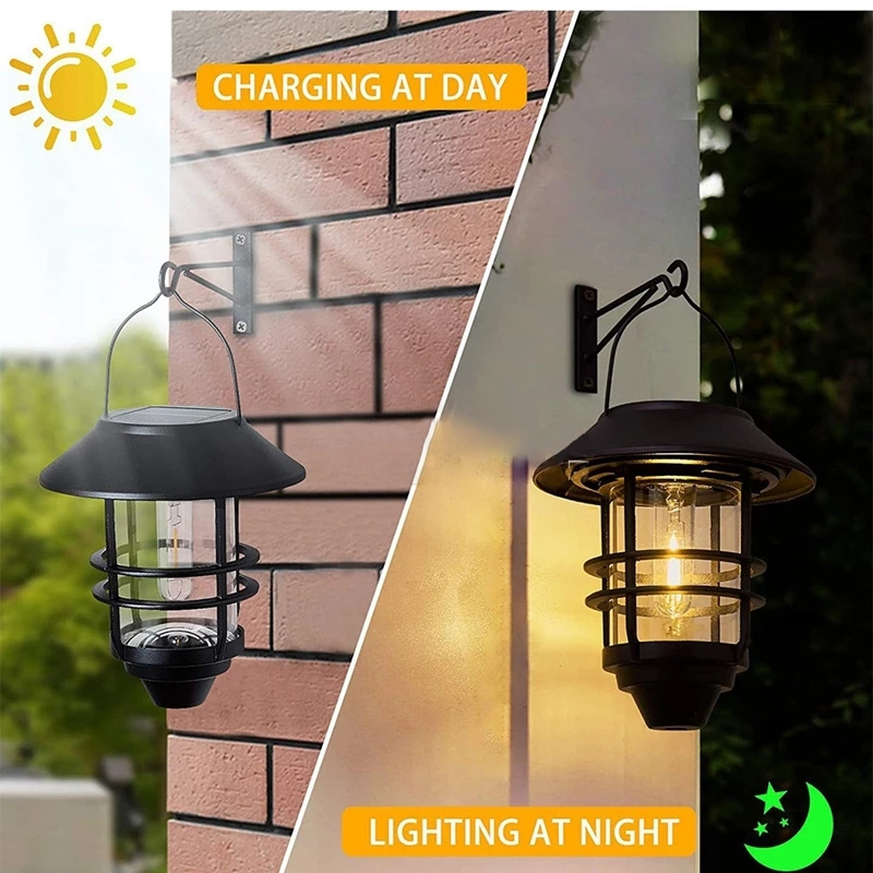 Outdoor Solar Lights Retro Lantern Hanging Wall Lamp Waterproof Vintage Metal Solar Garden Lights Villa Porch Tungsten Bulb