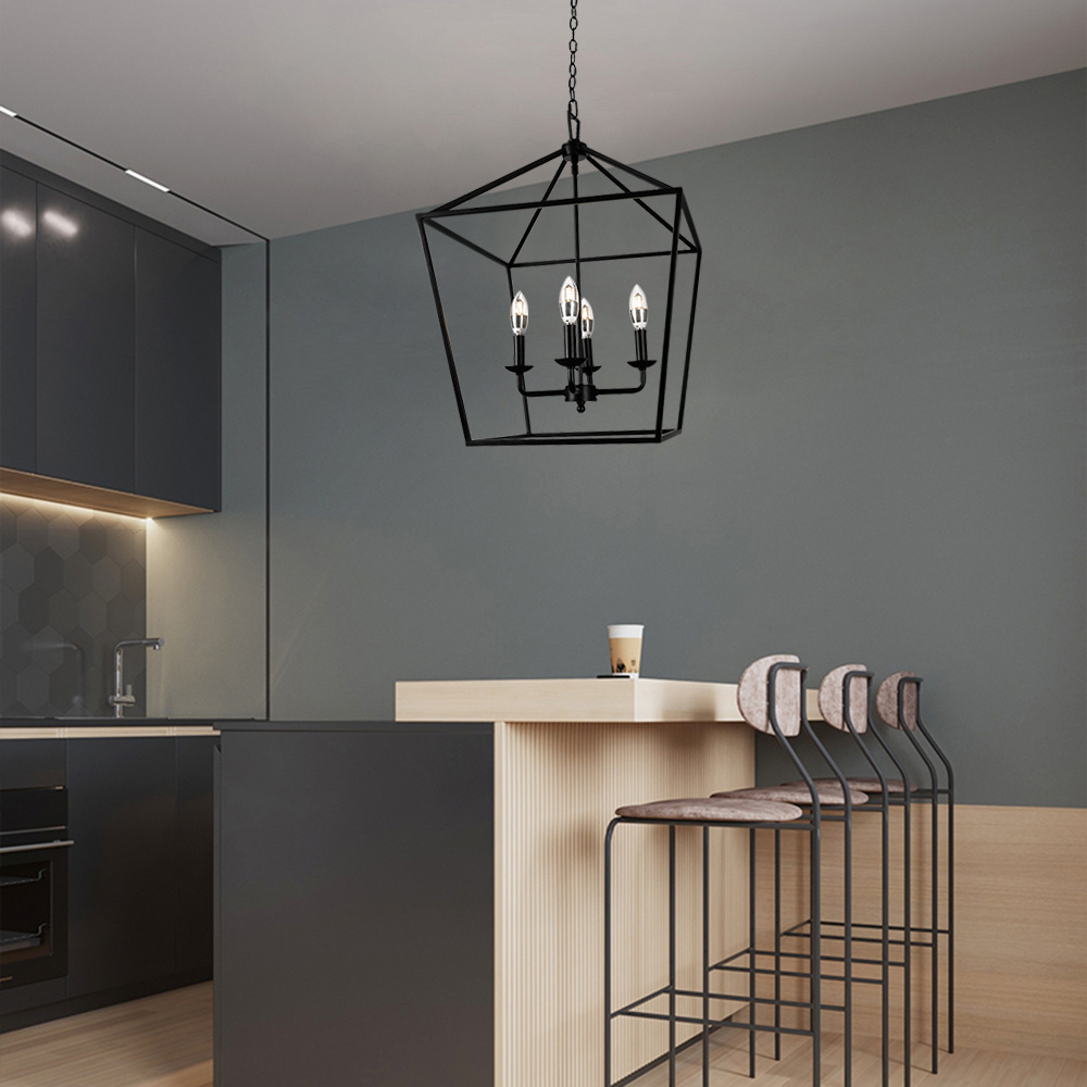 Modern Pendant Lighting Unique Shape Living Room 4-Light Matte Black Caged Pendant Staircase Chandelier