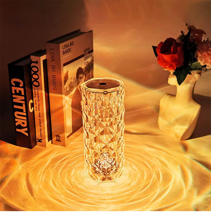 Luxury Spain Night Light Bedside LED Rose Dia mond Lamps USB Dimmable Touch Control Glass Crystal Table Lamp For Home Decoration