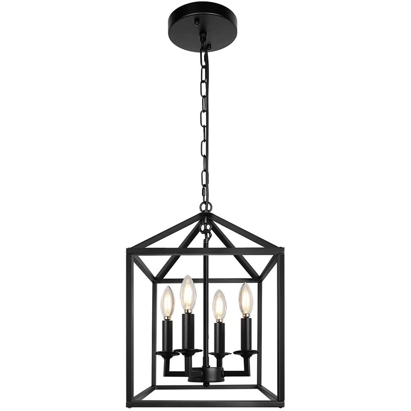 Modern Pendant Lighting Unique Shape Living Room 4-Light Matte Black Caged Pendant Staircase Chandelier