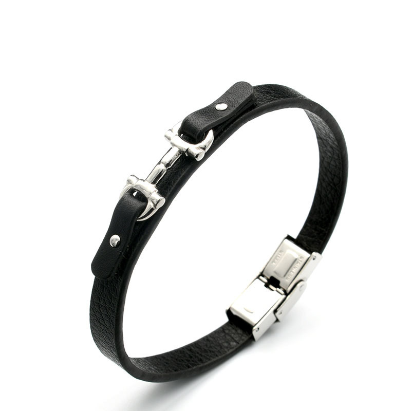 Genuine Black Leather Stainless Steel Horse Shoes Cuff Bangle Bracelet for Men