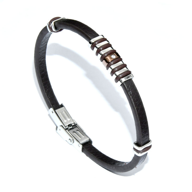 Luxury Men's Jewelry White CZ Setting Stainless Steel Genuine Brown Leather Bracelet