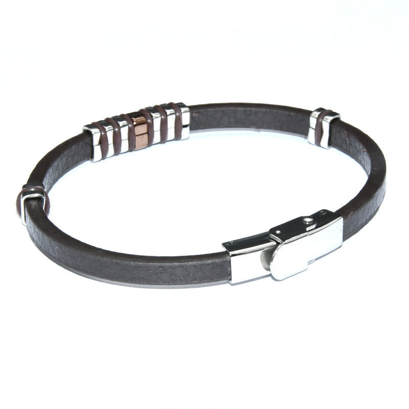 Luxury Men's Jewelry White CZ Setting Stainless Steel Genuine Brown Leather Bracelet